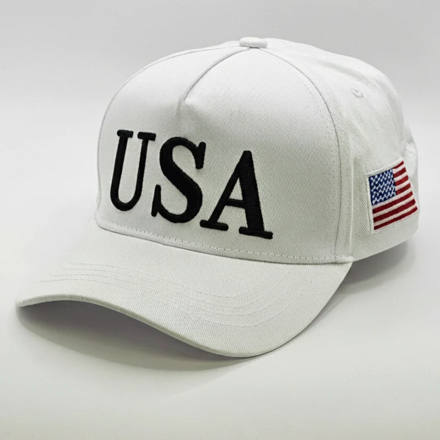 White USA embroidered baseball cap with American flag patch