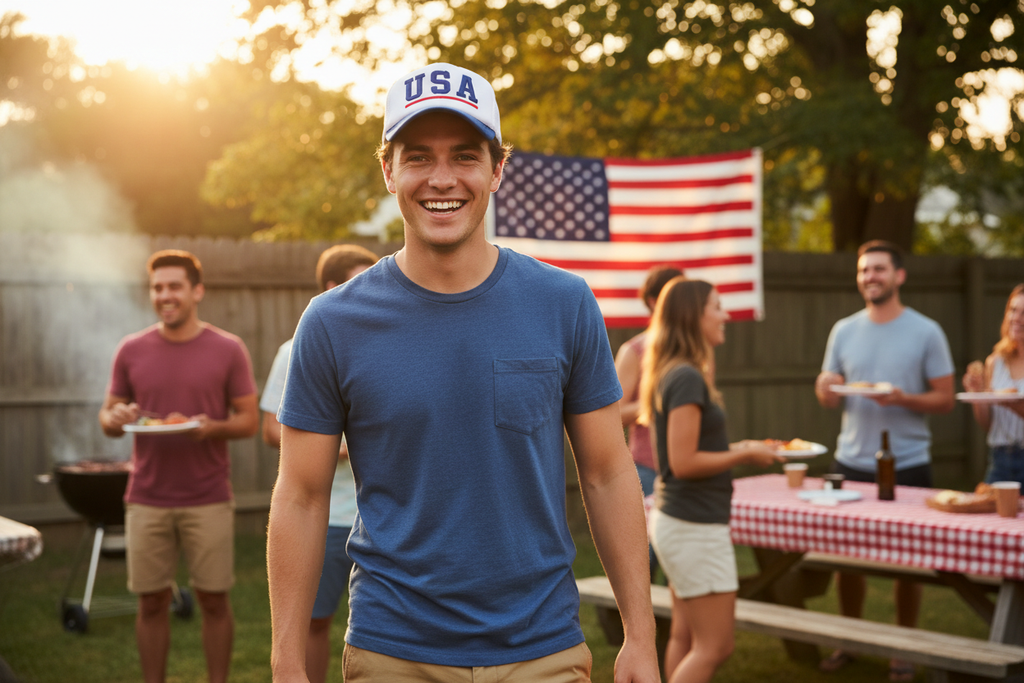 Man wearing USA embroidered baseball cap at a sunny summer cookout